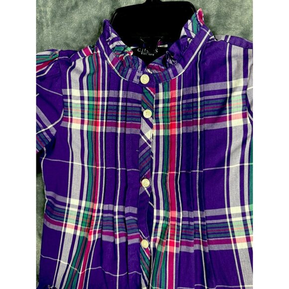 Chaps Little Girl’s Sz 5 Top Short Sleeve Pur/Strip Plaid Ruffled Collar Pleated - Picture 4 of 12